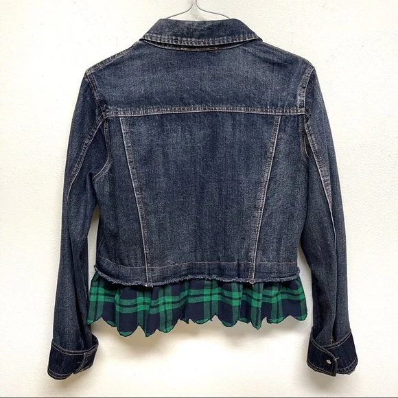 Umgee Denim Plaid Green Blue .Ruffle Hem Cropped Raw Hem Denim Jacket Small - Picture 5 of 7